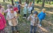 Dzieci z gr. VI prezentuja znalezione grzyby i liscie.
